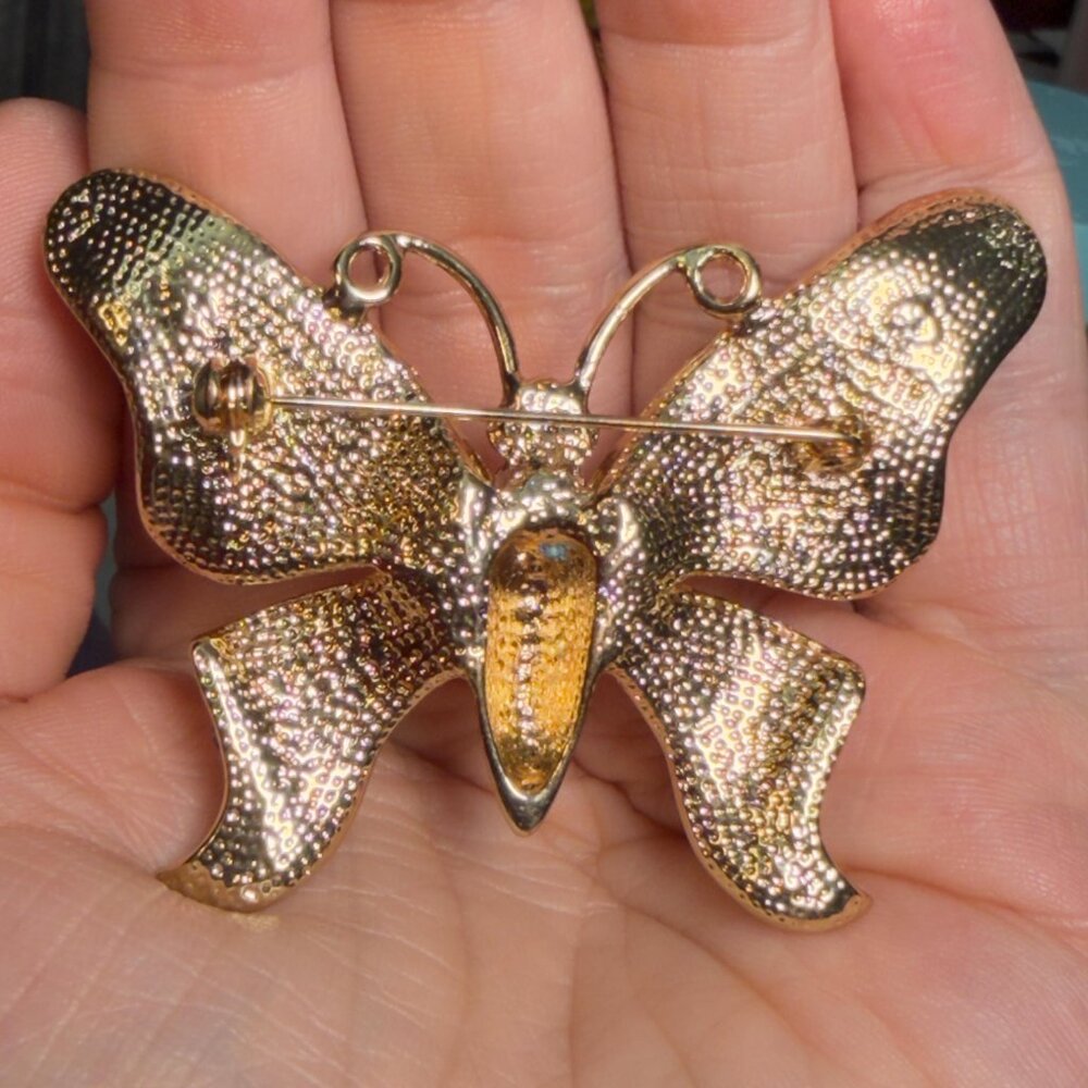 Butterfly Brooch Rhinestone Red Green Holiday Pin 2.5” - Picture 6 of 6
